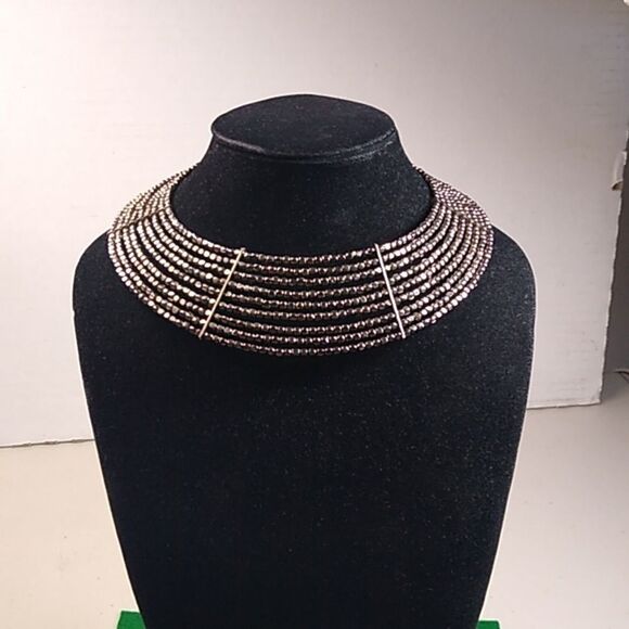 Statement Silver tone Metal Beaded 9 Strands Collar Necklace - Picture 1 of 9
